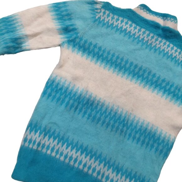 Vintage 1960s Turquoise Blue White Fair Isels Snow Flake Mock Turtleneck Sweater - Picture 8 of 10